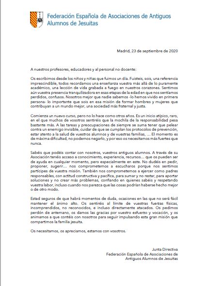 Carta de la Federación Española de Asociaciones de AA.AA de Jesuitas a los profesores. educadores 